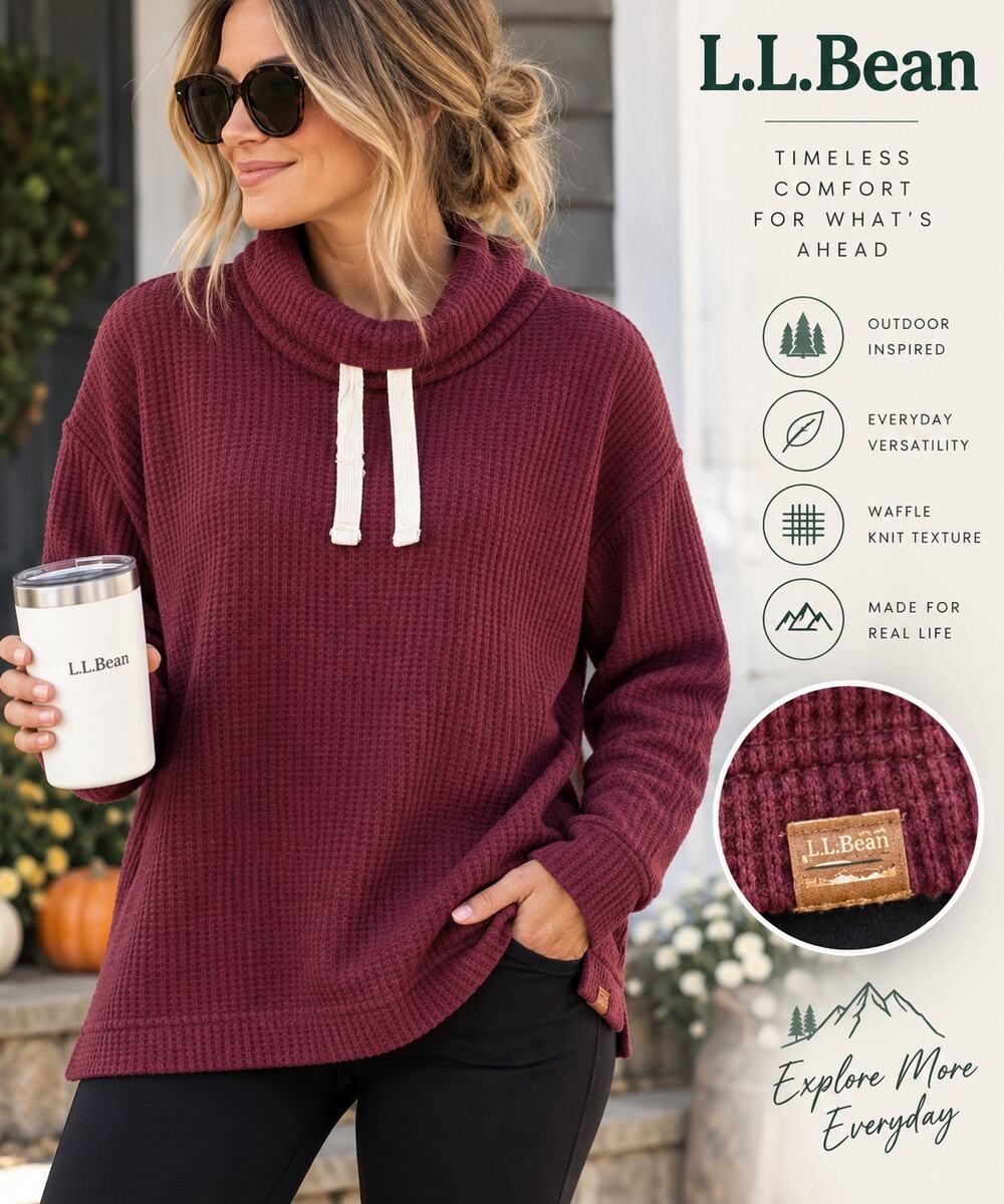 L.L.Bean Women’s M Petite Waffle Knit Cowl Neck Pullover Burgundy Drawstring